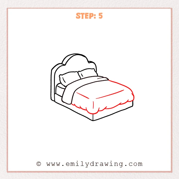 how to draw a cartoon bed - Cartoon bed with a cloud headboard and pillows, now showing a full, puffy blanket with a wavy lower edge and a few fold lines.